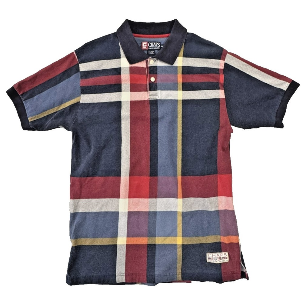 Chaps Ralph Lauren Vintage Short Sleeve Polo Medium Plaid Patch Logo